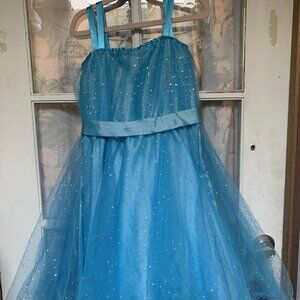 Dance Costume Size 12 Blue Satin Dress Tulle Over Satin Skirt, Zip Back Closure